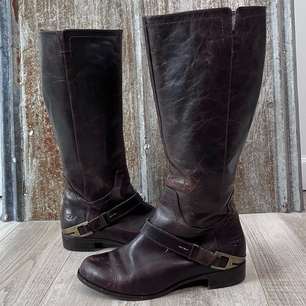 UGG Channing II Size 7 Brown Leather Knee High  Harness Riding Boot Distressed